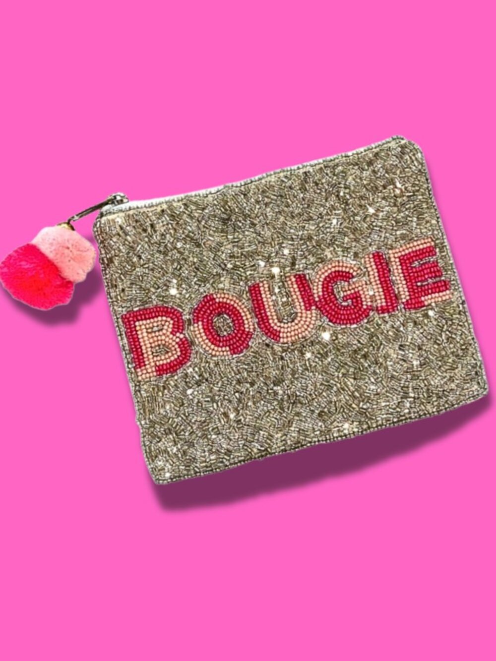 Silver Sparkle BOUGIE Beaded Pom-Pom Zippered Coin Money Storage Bag Pouch Purse